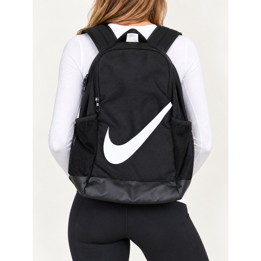 Nike Brasilia Backpack Black White Big Swoosh Mesh Pockets Laptop School Bag